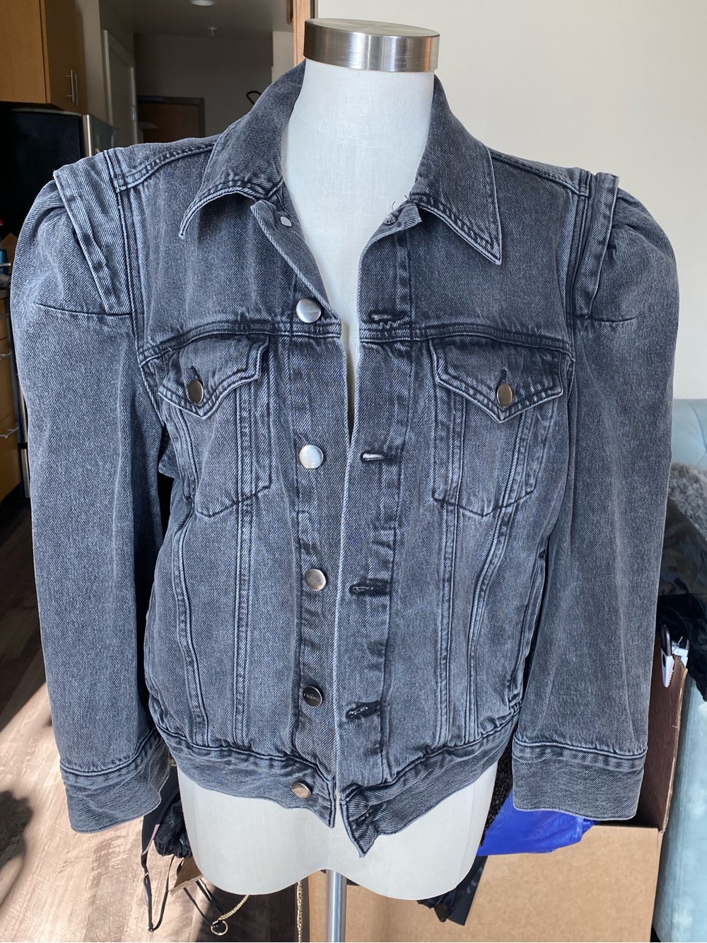 Frame Denim Washed Black Puff Shoulder Denim Jacket